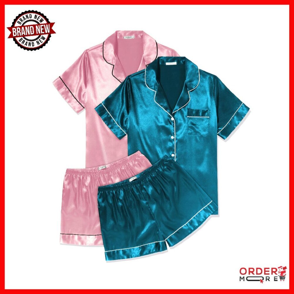 Silk Satin Pajama Set Short Sleeve Button Down Top Shorts Lounge Sleepwear